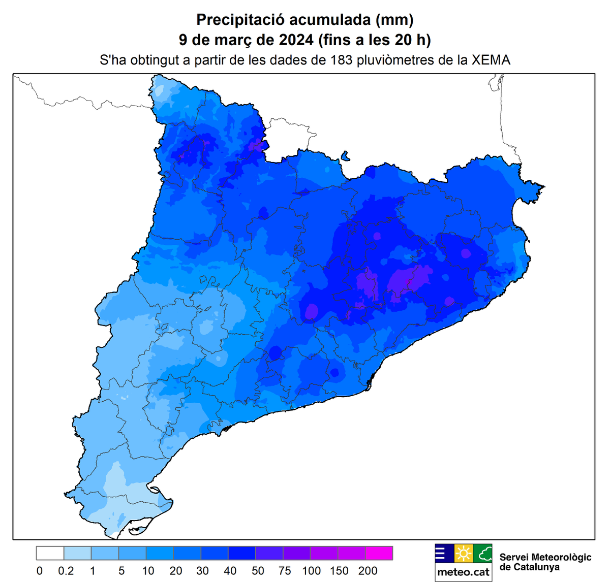 meteocat's tweet photo. La precipitació acumulada al llarg de dissabte (fins a les 20 h) ha superat els 50 mm a sectors de la Catalunya Central, Montseny, Gironès i la Selva, amb 80,8 mm a Viladrau #Osona

En canvi, la pluja ha estat minsa (inferior a 5 mm) a les Terres de l'Ebre i sud del Segrià. https://t.co/hwnJMKiPYb