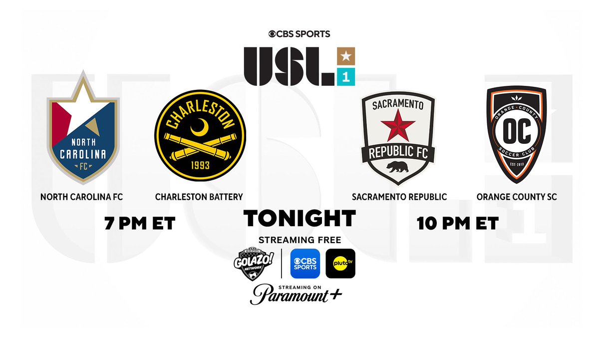 🚨 IT'S @USLCHAMPIONSHIP OPENING WEEKEND 🚨 What better way to start than a @NorthCarolinaFC-@Chas_Battery & @SacRepublicFC-@orangecountysc DOUBLEHEADER?! ⚽️ Tune in for FREE on the CBS Sports Golazo Network on the @CBSSports app or @PlutoTV starting at 7 PM ET 📺