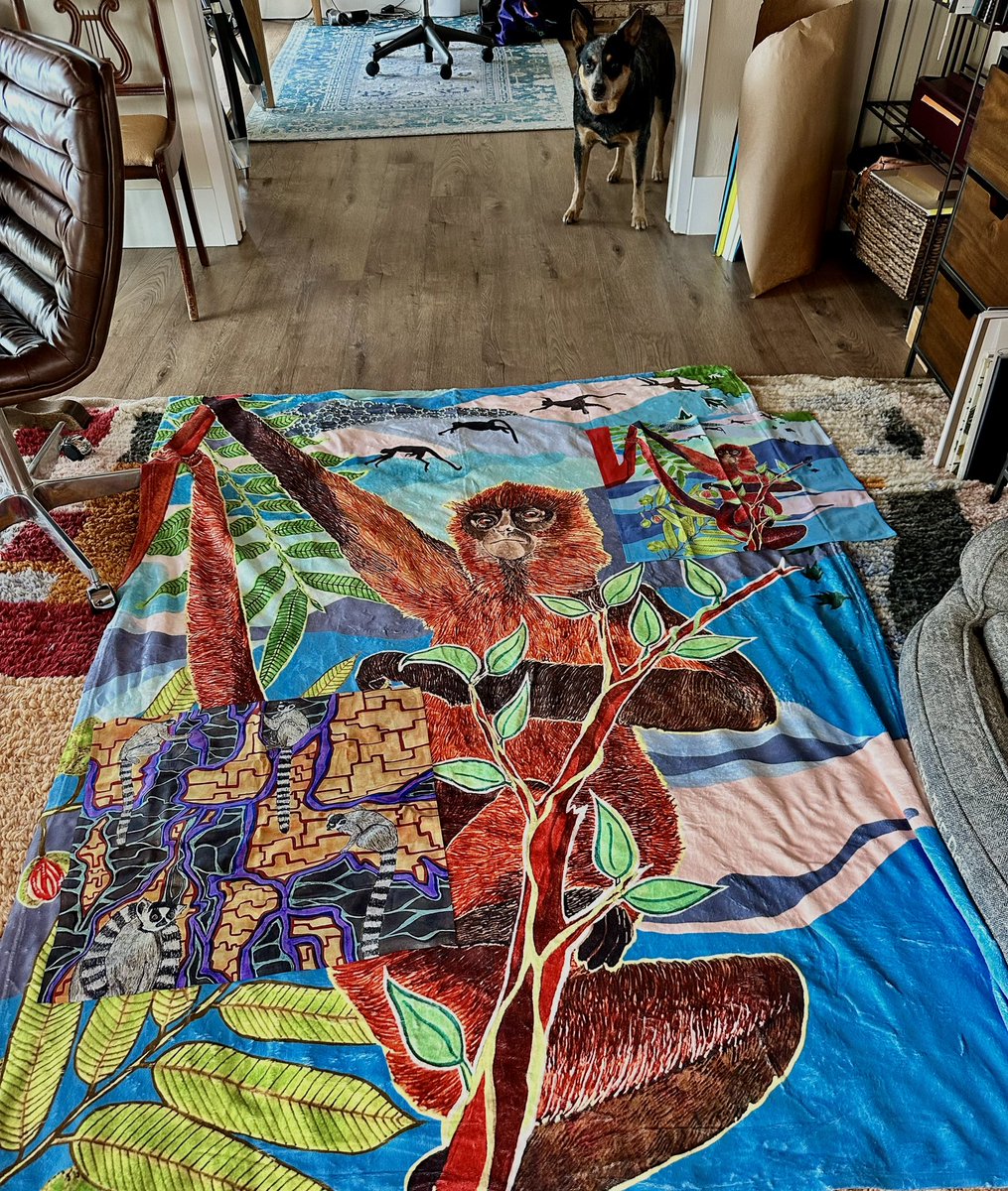 This fleece blanket and two bandanas prints of my most recent art are going to the <a href="/BiologicalAnth/">AABA</a>  auction! Will you bid to support students? #aaba2024 Walter not included!