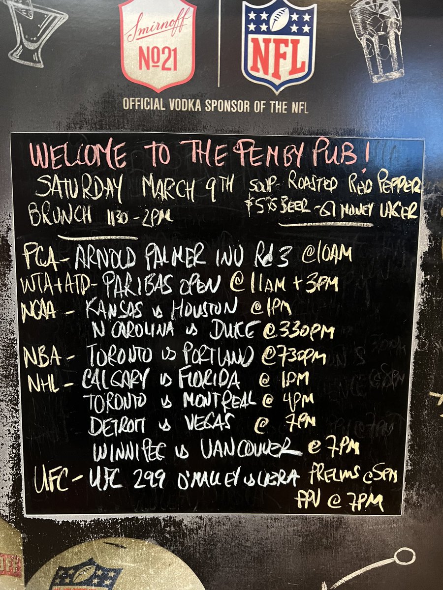 The Pemby opens at 11:30am serving Brunch til 2pm. Join us for @PGATOUR #ArnoldPalmerInvitational 3rd Rd @NCAA bball all day @atptour @WTA @NBA @NHL with @Canucks at 7pm @ufc #UFC299 prelims at 5pm PPV 7pm #pembypub #NorthVan #yourteamplaysatthepemby