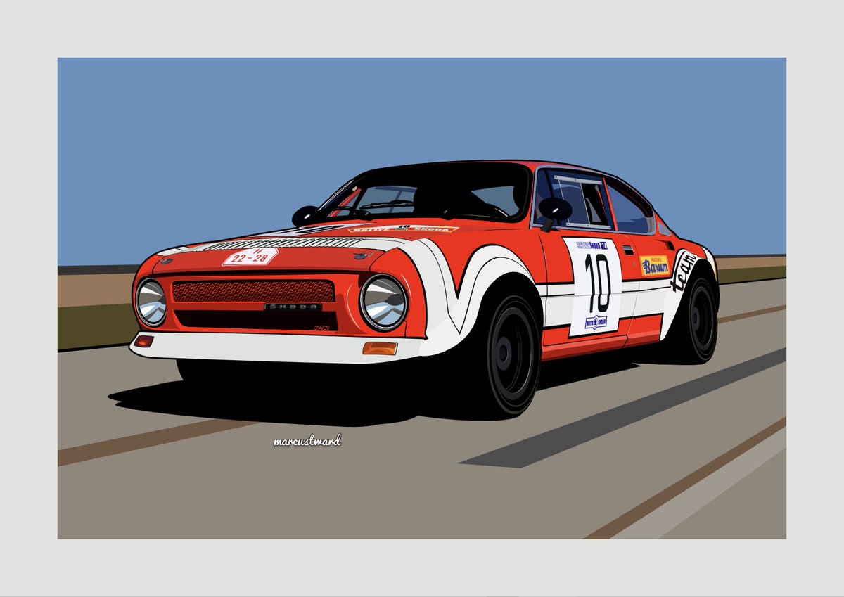 #SaturdaySketch 
#SkodaSaturday

So, as suggested by @OriginalMrP we have a 1974 Škoda 200 RS Coupé in rally livery.

I do like drawing in this clean bold style. Suits my eye issues.

#AffinityDesigner
#MadeInAffinity
#VectorDrawing
#RetroCars
#RallyCars