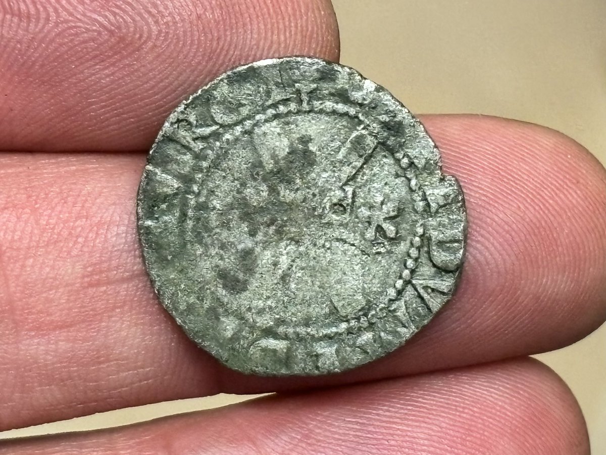 Mary Queen of Scots Bawbee from today. Cleaned up ok. Obverse - Crown above a thistle with M- R either side. Reverse - a  crown within a saltire.