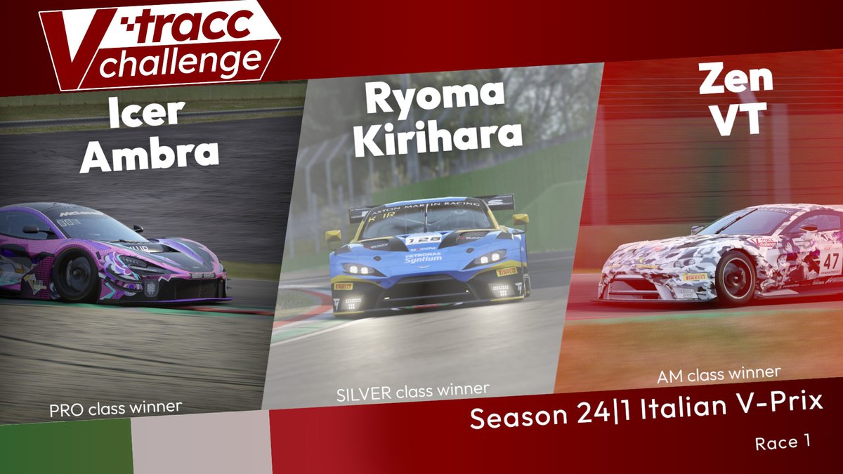 vtracc's tweet photo. And your provisional winners from the Italian V-Prix!
Familiar faces return to the top step of the podium with @IcerAmbra, @KiriharaRyoma and @ZenQMeister winning both races in their respective classes.
Now only one race is left to go, the finale at Suzuka! https://t.co/L3EYIQbZLj