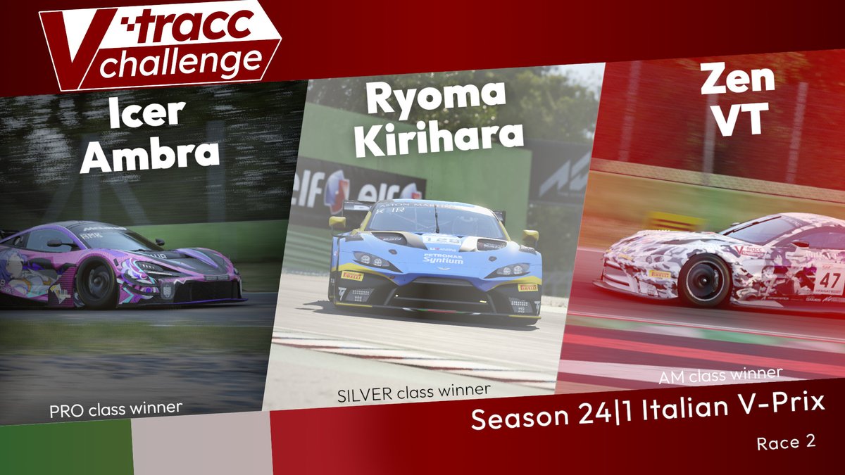 And your provisional winners from the Italian V-Prix!
Familiar faces return to the top step of the podium with <a href="/IcerAmbra/">ICERAMBRA#93 🏁</a>, <a href="/KiriharaRyoma/">Ryoma Kirihara 霧原 龍真 🌫️🐲</a> and <a href="/ZenQMeister/">Zen</a> winning both races in their respective classes.
Now only one race is left to go, the finale at Suzuka!