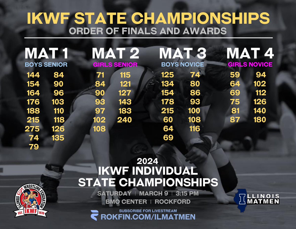 The nation’s best kids’ tournament / @IKWFusaw / THE IKWF STATE CHAMPIONSHIPS

Illinois MatMen is LIVESTREAMING the event—just SUBSCRIBE to Rokfin.com/ILMatMen for all the action. #IKWF #ILMatMen #ILMatWomen