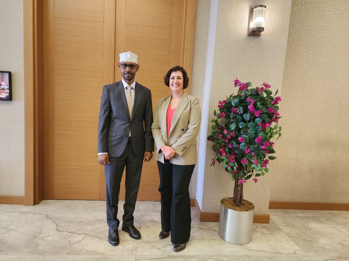 H.E. Minister @JamaTaqalAbbas of @MoEWRSo had a bilateral meeting with the @FAO Deputy Director-General @BethBechdol to discuss the progress made in water security in Somalia and existing challenges.