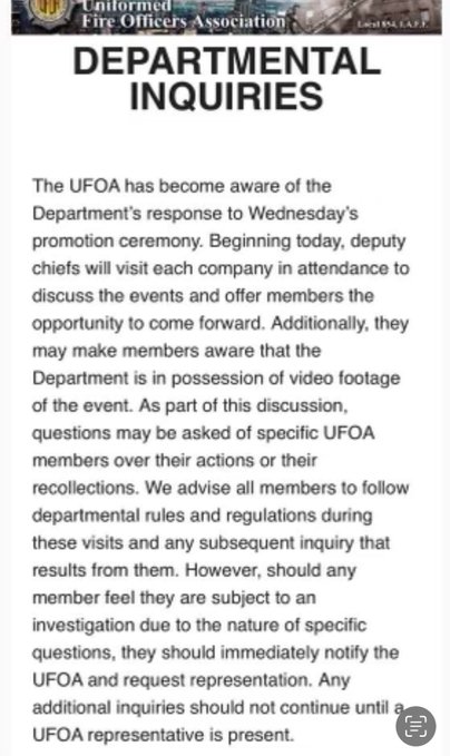 ViralNewsNYC's tweet photo. I was made aware by some FDNY members that after FDNY members booed Attorney General Letitia James that an investigation has opened up and FDNY bosses are now visiting different firehouses asking people to come Forward. I attached some documents below. https://t.co/VIHSkxt56v