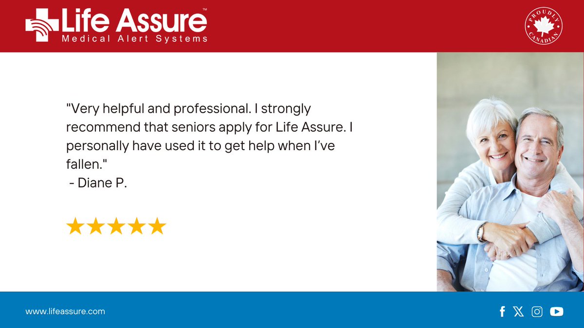 Lifeassurealert's tweet photo. "Very helpful and professional. I strongly recommend that seniors apply for Life Assure. I personally have used it to get help when Iβve fallen."
- Diane P.
#lifeassure #medicalalert #seniorliving #seniorcare https://t.co/XEKG8Ue3ZE