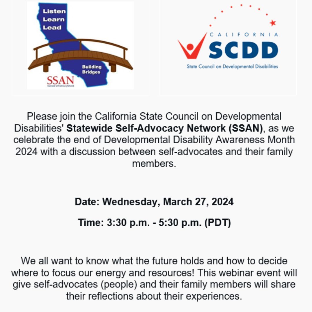 EarlyStartFRN's tweet photo. Join the California State Council on Developmental Disabilities' Statewide Self-Advocacy Network on March 27, 3:30 - 5:30 p.m. for a conversation and share your own reflections about your experiences with others. Click here to join, https://t.co/yPf03MraLi *space is limited* https://t.co/ot6DMFZlMu