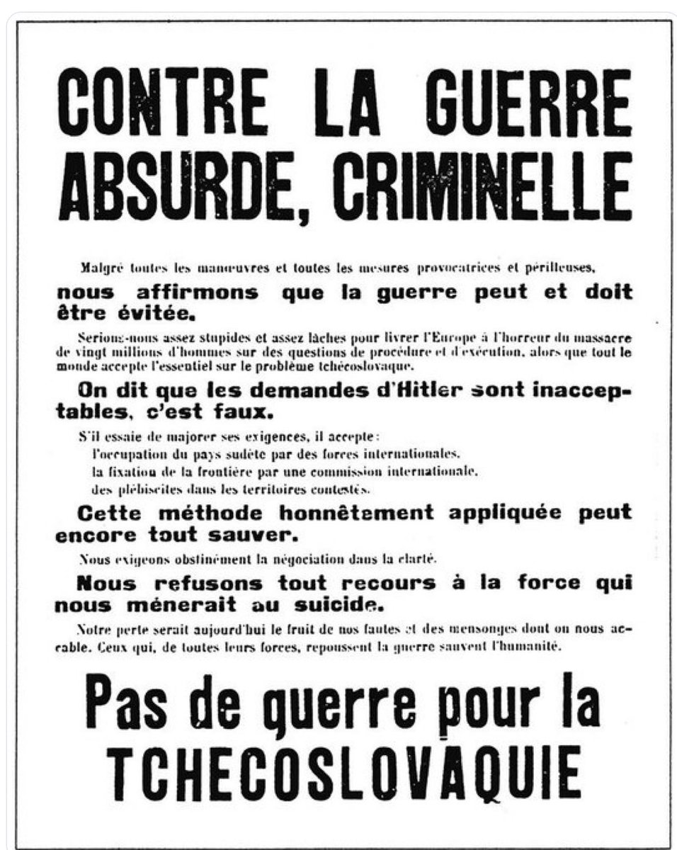 MarionVanR's tweet photo. 1938, 2024. Les mêmes débats, les mêmes mots. Les mêmes naïfs “anti-guerre” suppliant d’accepter “les demandes d’Hitler” en espérant sauver leur peau. La Tchécoslovaquie aussi paraissait lointaine. 

Le vrai pacifisme, c’est d’être prêt à la guerre pour éviter d’avoir à la faire. https://t.co/K9tjlZqozR