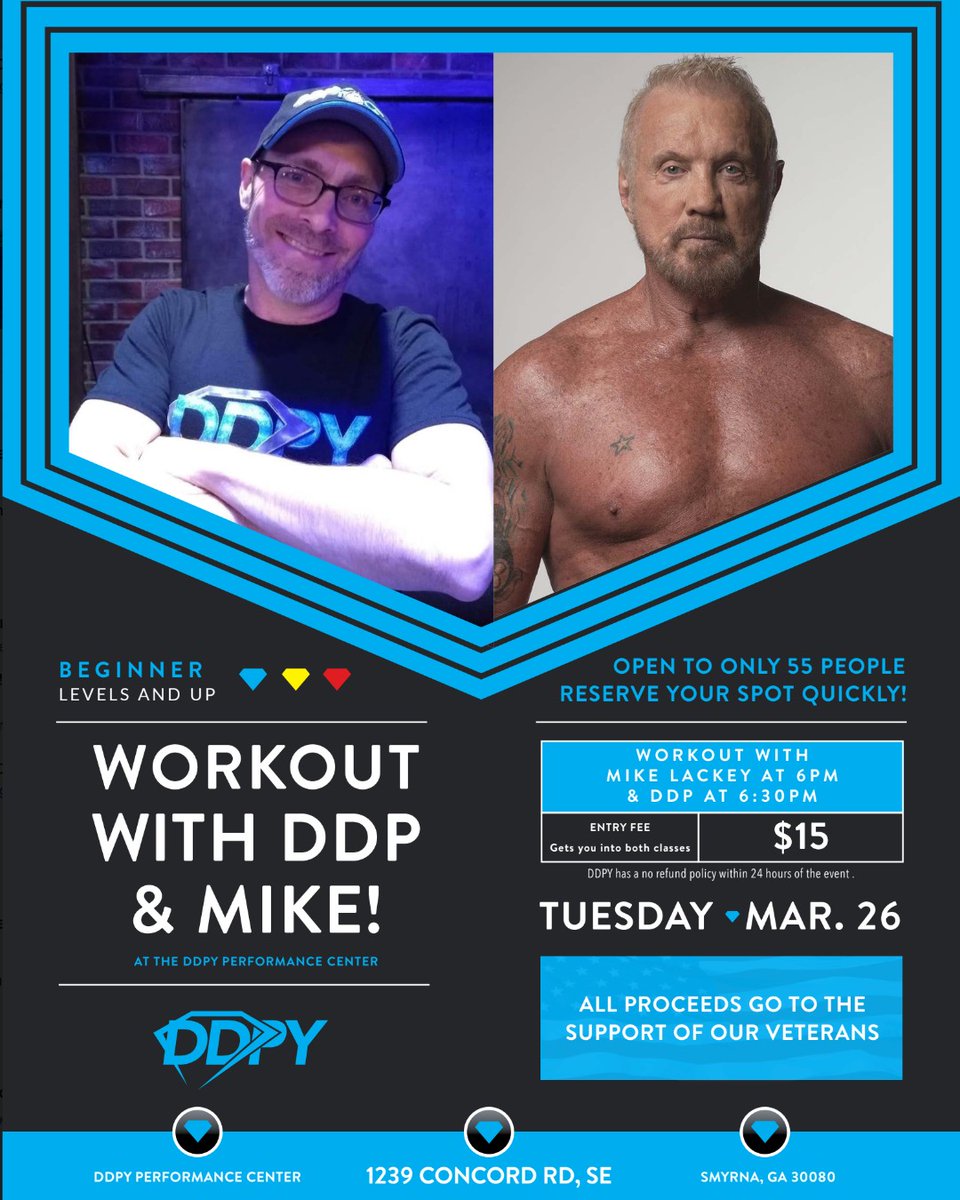 The next workout at the DDPYPC is happening on Tuesday, March 26th! 💎 💥
Workout with @RealDDP and Mike Lackey 😅
All Proceeds will be going to Support Our Veterans 🇺🇸
#DDPYworks #Smyrna #ATL #Marietta #DDPYPC #DDPYoga
Tix available Now bit.ly/3O4OwKF