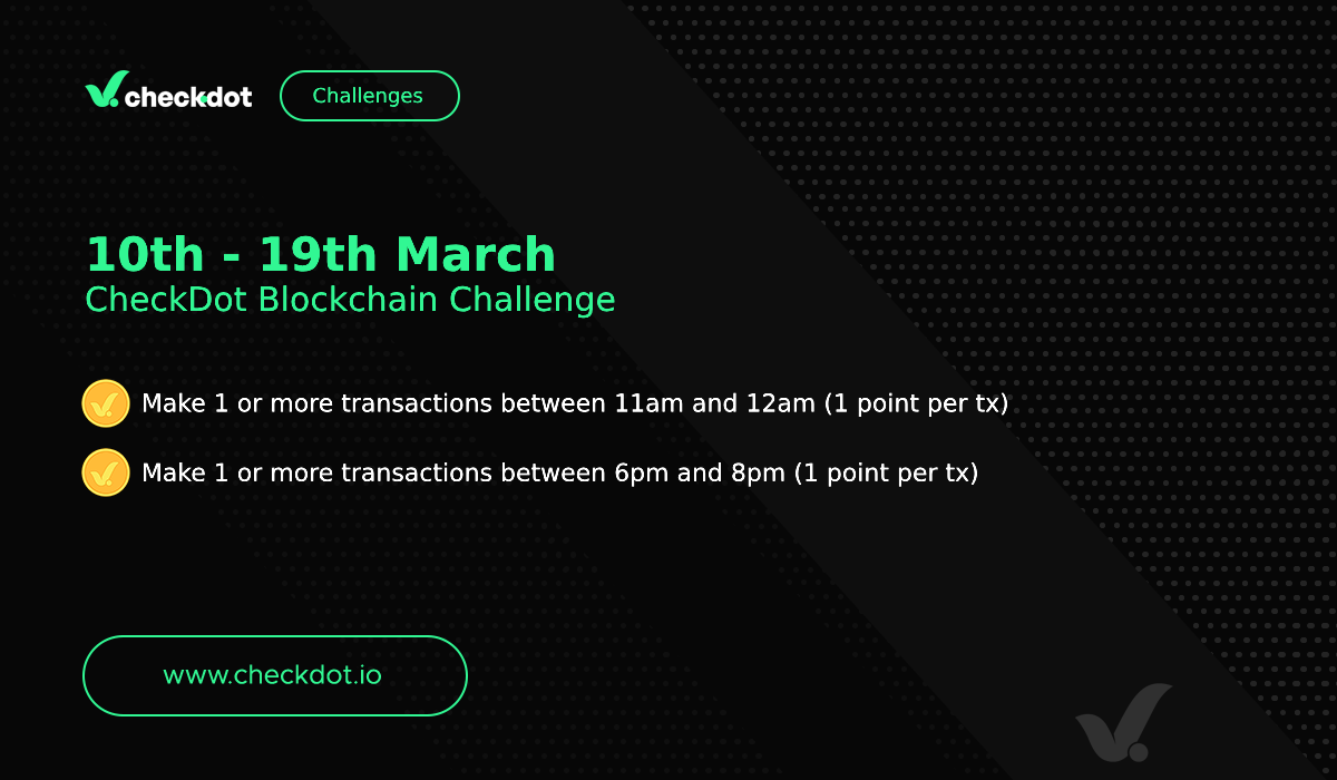 Checkdot_proto's tweet photo. The devnet blockchain stability and performance tests continue 🌟, and we're adding two new one-off challenges for March 10th and March 19th. 

1⃣ Make 1 or more transactions between 11am and 12am (1 point per tx) - UTC-0.
2⃣ Make 1 or more transactions between 6pm and 8pm (1 point per tx) - UTC-0.

Make devnet explode!🙌