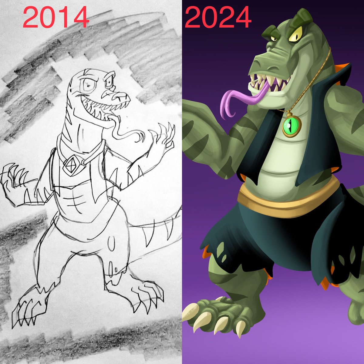 Tomjarobz93's tweet photo. A #10yearchallenge I did of a character I designed in 2014 for a friend on DA. This is Priscus, a merciless, malignant and megalomaniacal Megalania.
#drawing #conceptart #illustration #glowup #priscus #megalania #boomerthewallaby #videogameidea #sketch #procreate #characterdesign https://t.co/LD4aJunA8S