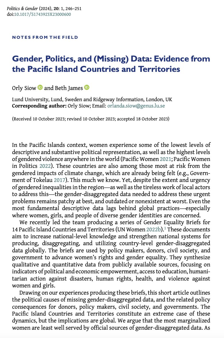 📢New issue of #PAG20 is out! 📢 In their Notes from the Field, @DrOrlySiow and Beth James argue for the importance of gender-disaggregated data drawing from their experience creating Gender Equality Briefs in the Pacific Island Countries and Territories cambridge.org/core/journals/…