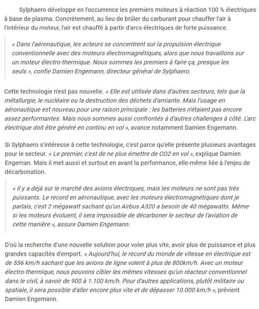 legeniehumain's tweet image. La startup 🇫🇷 Sylphaero veut développer, d'ici 2030, les premiers moteurs à réaction 100 % électriques à base de plasma qui, outre le fait de ne pas émettre de CO2, auront surtout l'avantage de voler aussi vite que les avions de ligne actuels. 
▶️ objectifaquitaine.latribune.fr/business/aeron…