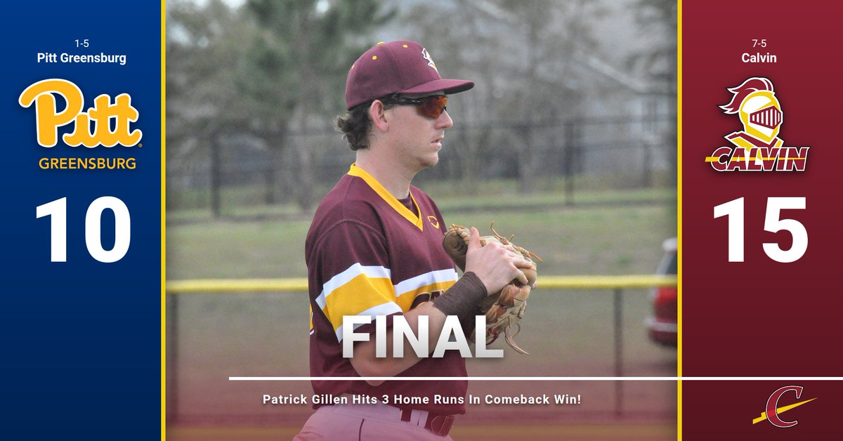 Final - Patrick Gillen hits 3 HR as @CalvinBaseball erases a pair of four-run deficits to win 15-10! Gillen finished with 8 RBI and has 8 HR this season. Nate Mason hit his 2nd HR of the day and went 2-4 with 4 runs! #GoCalvin