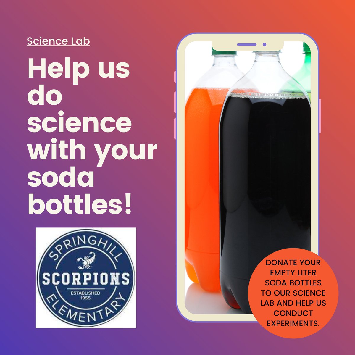 spr_scorpions's tweet photo. Mrs. Spain is searching for liter size plastic soda bottles. If you have any, please send them our way! https://t.co/F5CiPfqM07