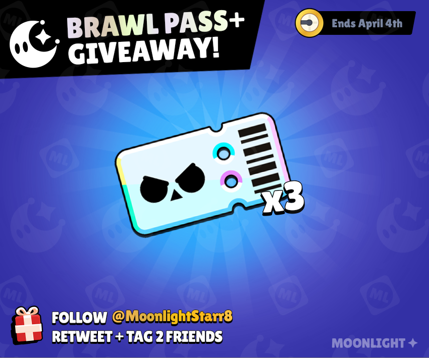MoonlightStarr8's tweet photo. x3 BRAWL PASS+ GIVEAWAY! ⭐️🔥

To enter:  
✅Follow @MoonlightStarr8
❤️Like and Retweet this post 
🎁Tag 2 Friends 

Optional: 
💬What would you like to see added into Brawl Stars? A new game mode? New Features? QoL improvements? Share in the comments! ⬇️

Winners picked on April 4th! Good luck! 🎁👍

#BrawlStars #BrawlPassPlusGiveaway