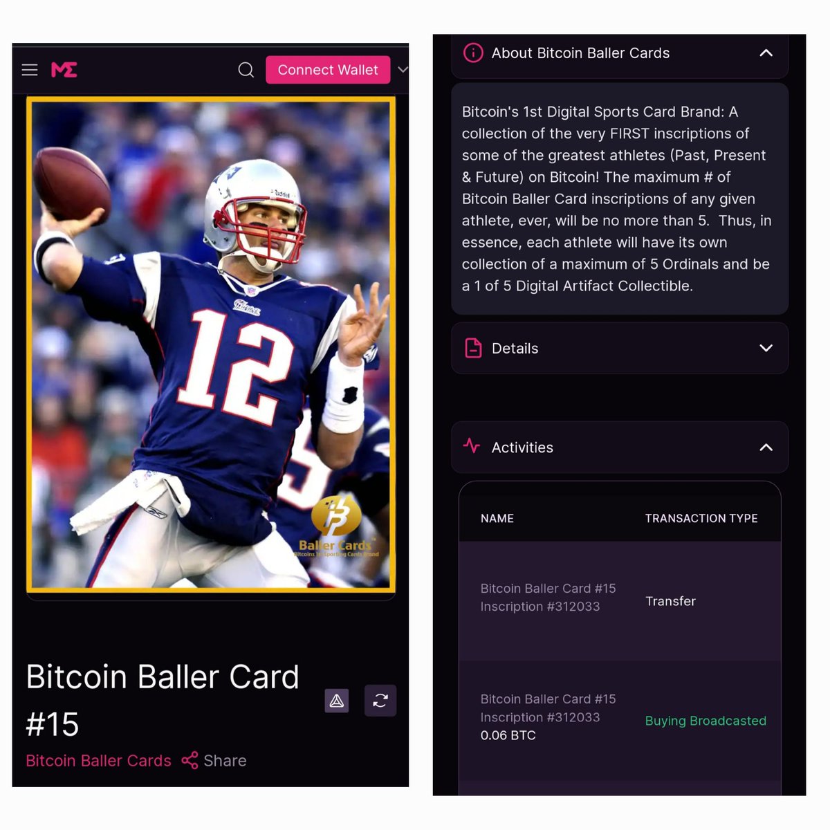Brady's 1st ever #Ordinal just sold for .06 #btc    ($4,140).  While this is far from his record card sale of $312K, it shows the potential of the 1st #sportscards on #bitcoin   especially in 5-10 years.

For more 1ST EVER #ordinals, check out and follow <a href="/Bitcoin_Champs/">Bitcoin Champions 🏆</a>