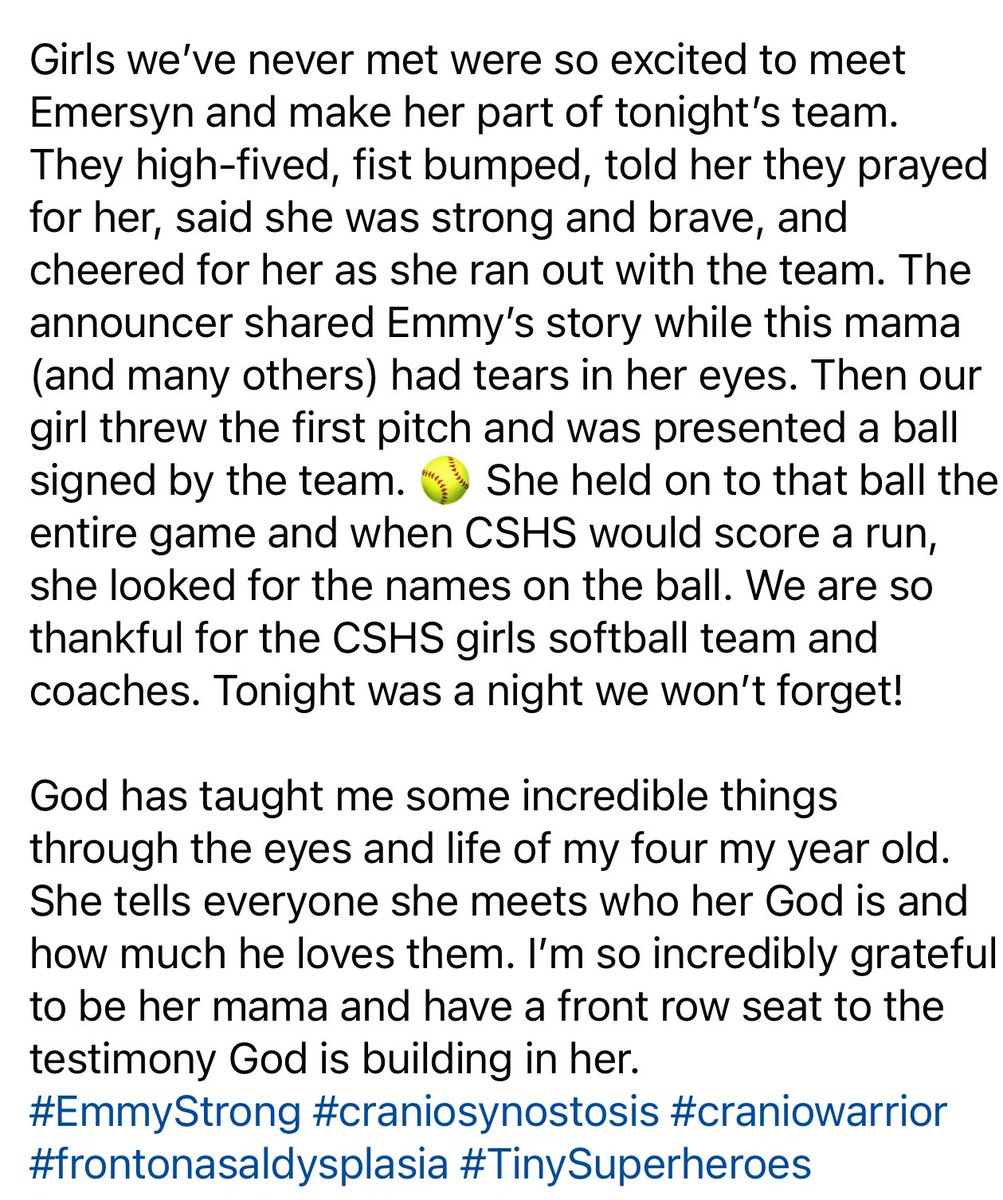ChelseaFrashure's tweet photo. My family and I would like to thank @_CoachCarreon and @CSHSSoftball for their support of Emmy over the last month & as she continues in this process.
There are hard days, but knowing there is a literal team of girls behind her & praying for her is amazing.
#CSHSCougarPride ๐ https://t.co/n0DjOsk6Do