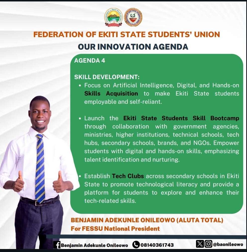 Our fourth agenda of the 7-point Innovation Agenda focuses on SKILL DEVELOPMENT for Students of Ekiti State, to empower our students to be self-reliant and improve the digital literacy status of our state. 

#InnovateFESSU #InnovateFESSUWithAlutaTotal #InnovationAgenda