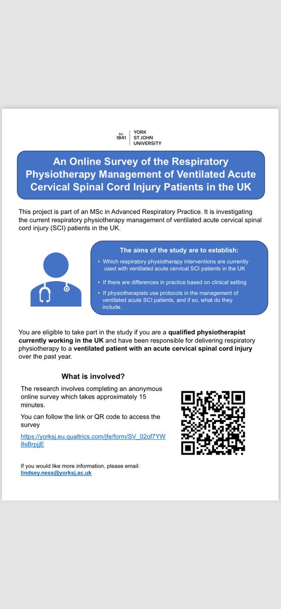 Calling respiratory physiotherapists in the UK 🩻 Participants required for an online survey investigating the physiotherapy management of ventilated patients with acute cervical spinal cord injuries. Check out the link below 👇 Please share 👍 yorksj.eu.qualtrics.com/jfe/form/SV_02…