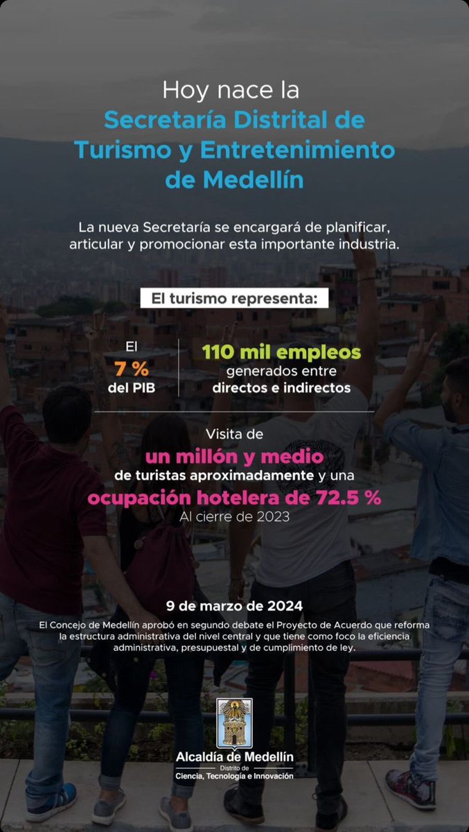 En el Concejo de Medellín acabamos de aprobar la creación de la Secretaría de turismo y entretenimiento en Medellín, un gran hito en la consolidación de nuestro modelo de ciudad. 

Seguimos trabajando para llevar a Medellín al siguiente nivel 🙌🏼