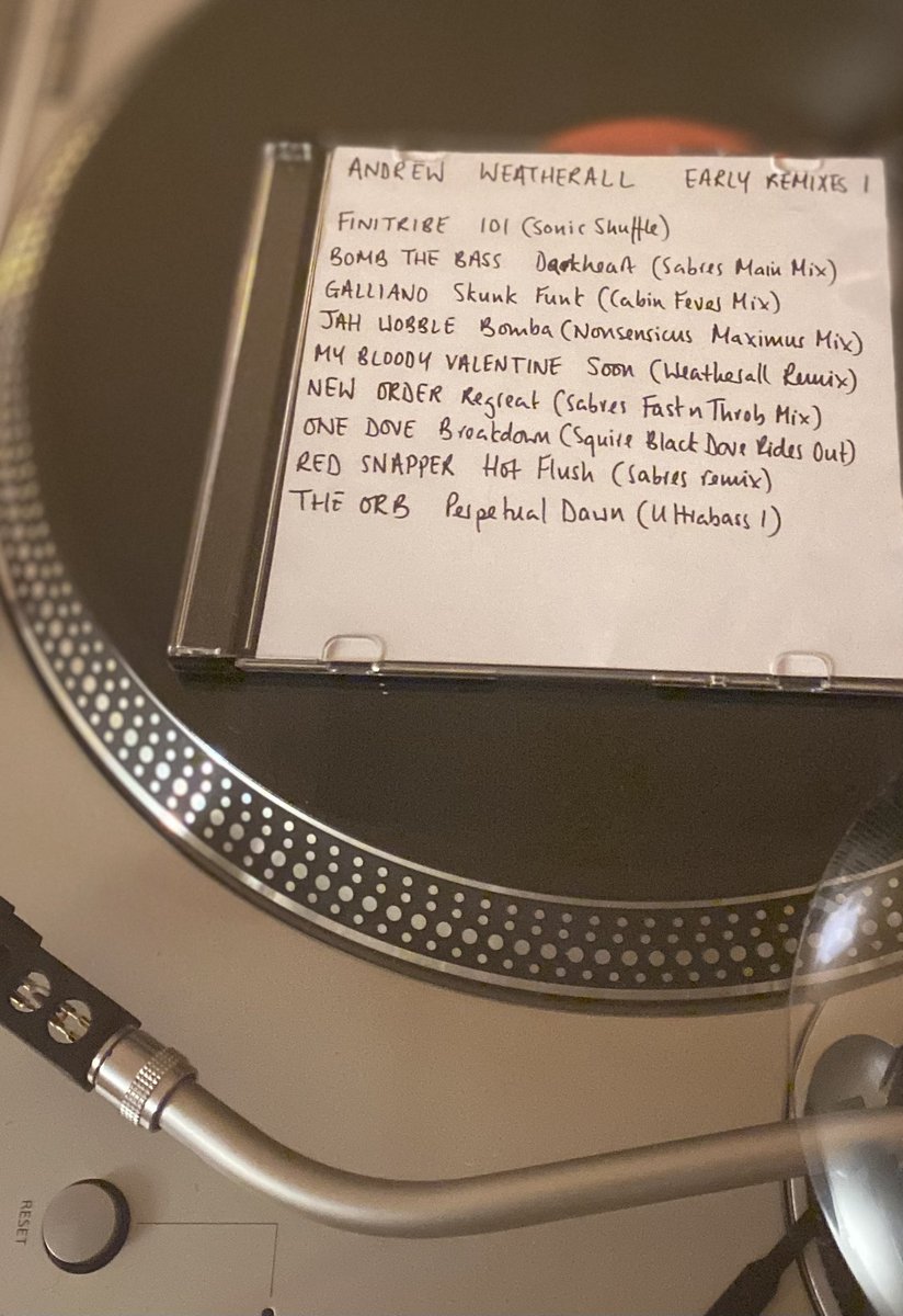 DrCEMJarvis's tweet photo. Saturday night, MrsJ is back from the ballet and MrW is on the turntable. Andrew Weatherall- early remixes 1 - An original compilation from @swissadam1 

#NowPlaying 
#NotVinyl
 #CDR https://t.co/467QOEGeRy