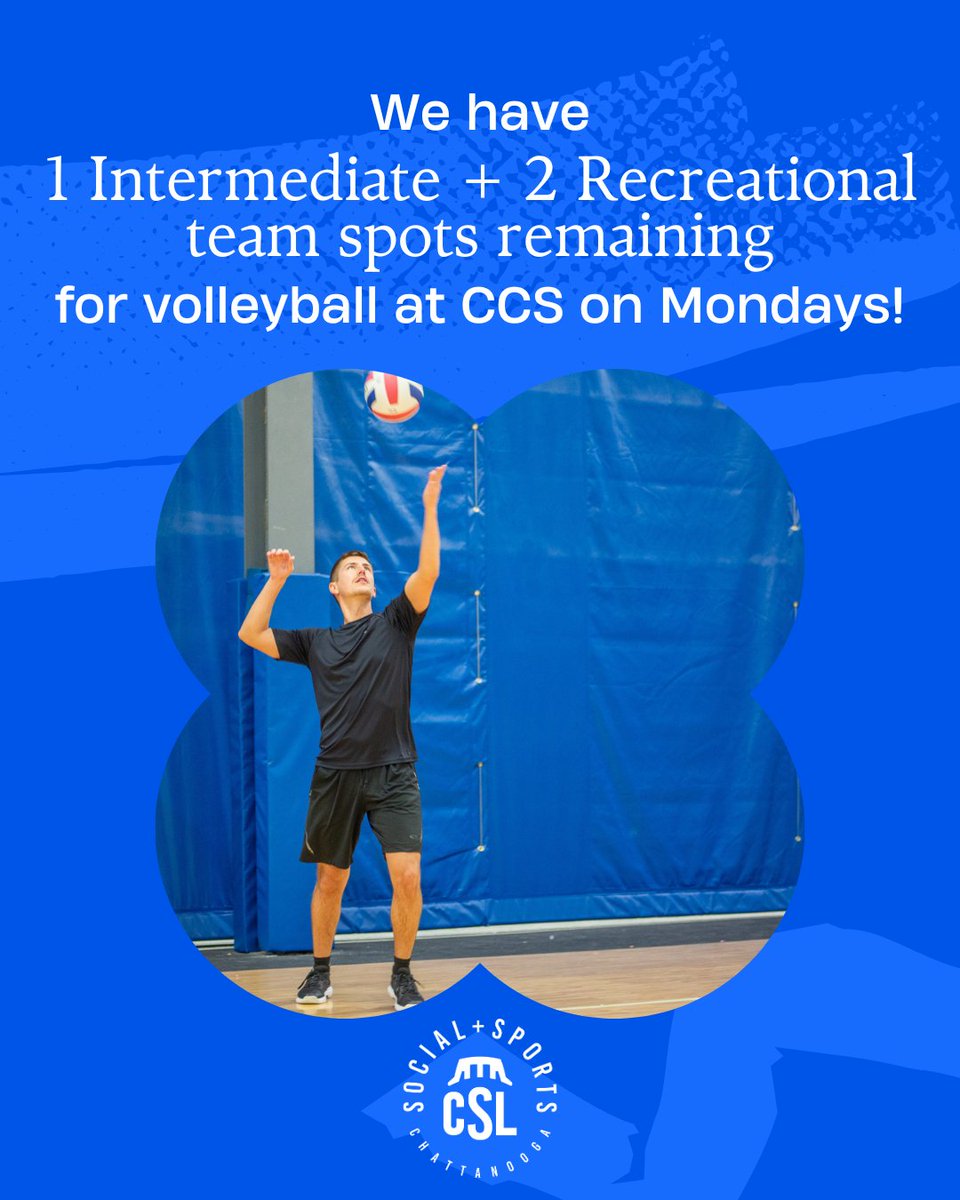 playchattsports's tweet photo. 🏐 We have 1 Intermediate and 2 Recreation team spots left in our Monday Volleyball League! Head to the link in our bio to sign up! https://t.co/3WBjLndEDn