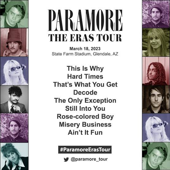 TSwiftNZ's tweet photo. 🏟️ | @paramore are the next openers on  #TSTheErasTour for the entire UK + Europe leg! 

They previously opened the very first two shows in Glendale, Arizona. https://t.co/wqe1ioIYQw