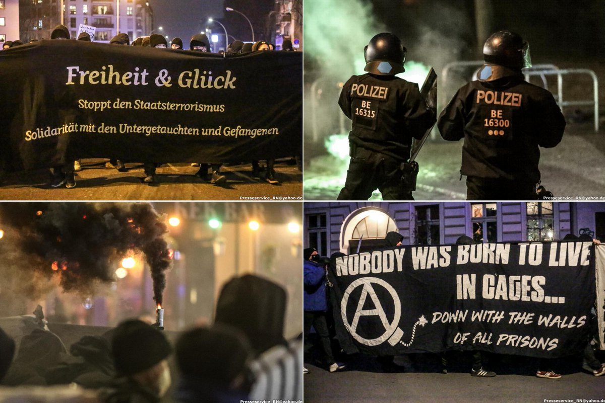 In #Berlin protestierten abends 500 Menschen aus linken Gruppen gegen Polizeimaßnahmen im Rahmen der Fahndung nach Ex-RAF Angehörigen. Bei den Maßnahmen waren mehrere Wohnungen durchsucht und einige Unbeteiligte kurzzeitig festgenommen worden.#B0903 Fotos: flickr.com/photos/presses…