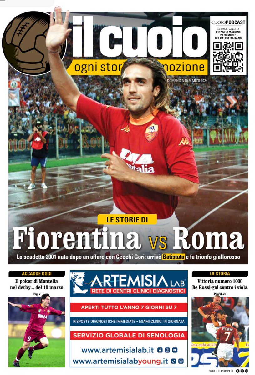 Domani, in occasione di #FiorentinaRoma, con il #CorrieredelloSport l'inserto #Ilcuoio, che vi porta dentro la storia della sfida. Io, dopo la vittoria numero 1300 a Monza, racconto le partite che hanno rappresentato cifre 'tonde' nella storia della società giallorossa. #Edipress