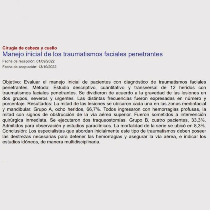 cabeza_cuello's tweet photo. Interesante artículo: 
Manejo inicial de los traumatismos faciales penetrantes
Dr. Juan Carlos Valls https://t.co/BnNbduD8pp