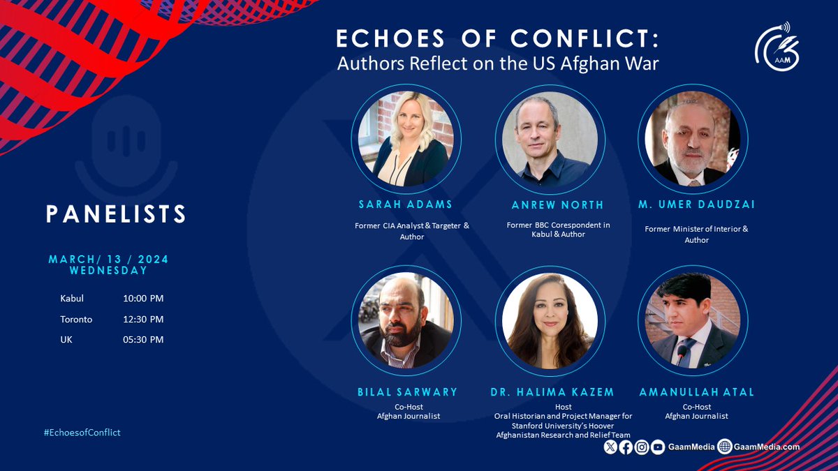 Tune in this Wednesday #FacetoFace space ‘ECHOES OF CONFLICT: Authors Reflect on the US Afghan War' at 12:30pm Toronto, 05:30pm UK & 10:00pm Kabul. #AFG #EchoesOfConflict @bsarwary @amanullahatal @HalimaKazem @NorthAndrew @Umerdaudzai2 @BenghaziAttacks @tpsarah #GaamMedia