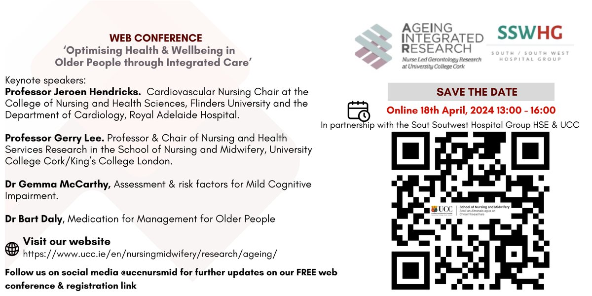 Free online web conference to explore Optimising Health & Wellbeing in Older People that foster integrated care approaches for older individuals conference.ucc.ie/ageing-integra… @uccnursmid @ICPOPIreland