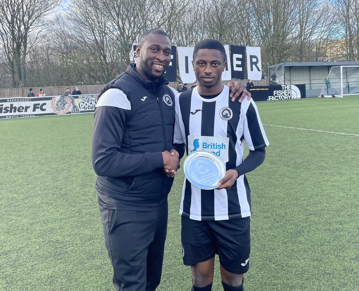 FisherFC's tweet photo. Lots of contenders for man of the match today, but we will give Michael Sarpong the nod. He also recently received his award for becoming the seventh player to notch up 100 Fisher appearances, since we reformed in 2009. https://t.co/m1uumR4Dgi