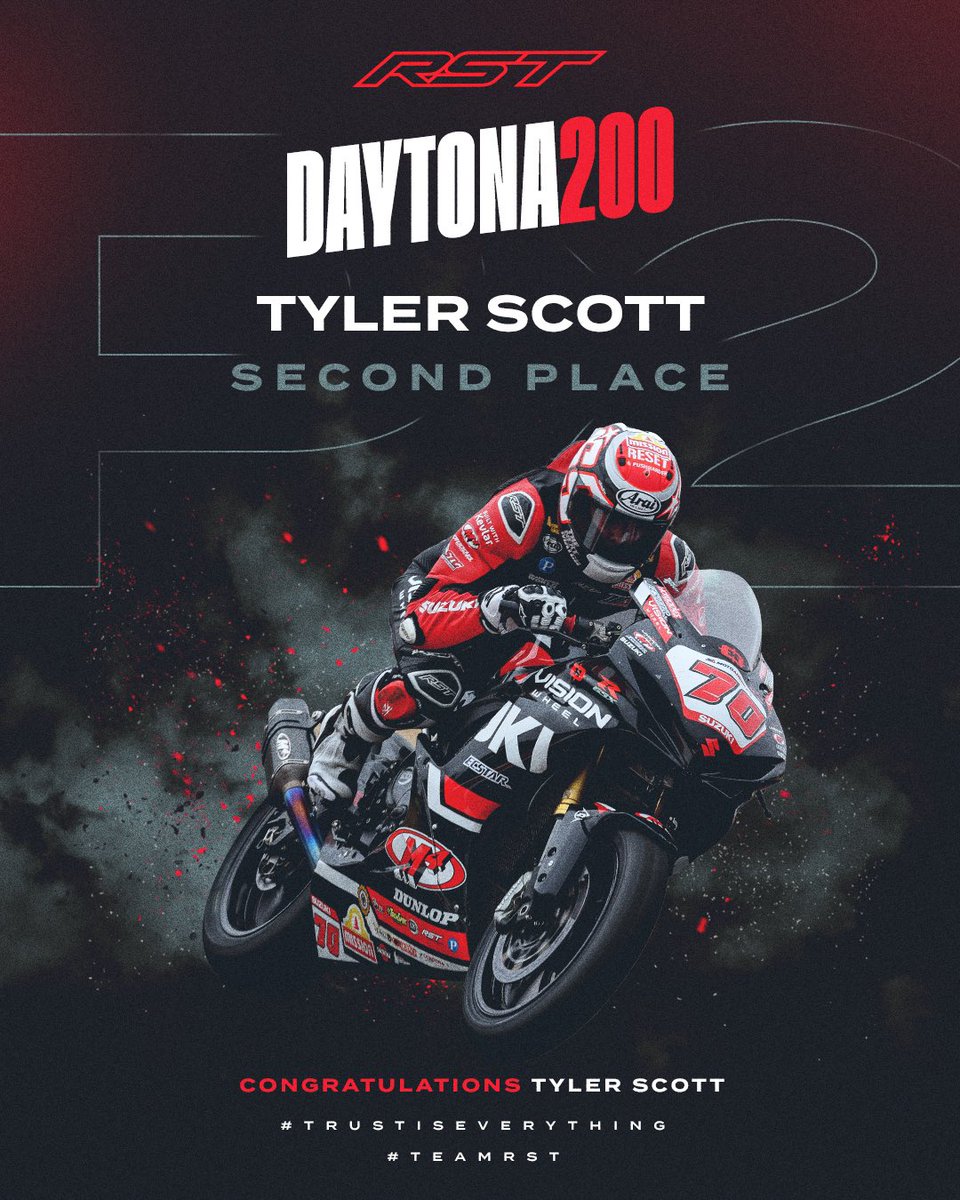 Tyler Scott secures P2 in the 2024 Daytona200🥈 . . . . #TrustisEverything #TeamRST #MotoAmerica #Daytona #DaytonaBikeWeek #Daytona200 @TeamHammerRR @MotoAmerica