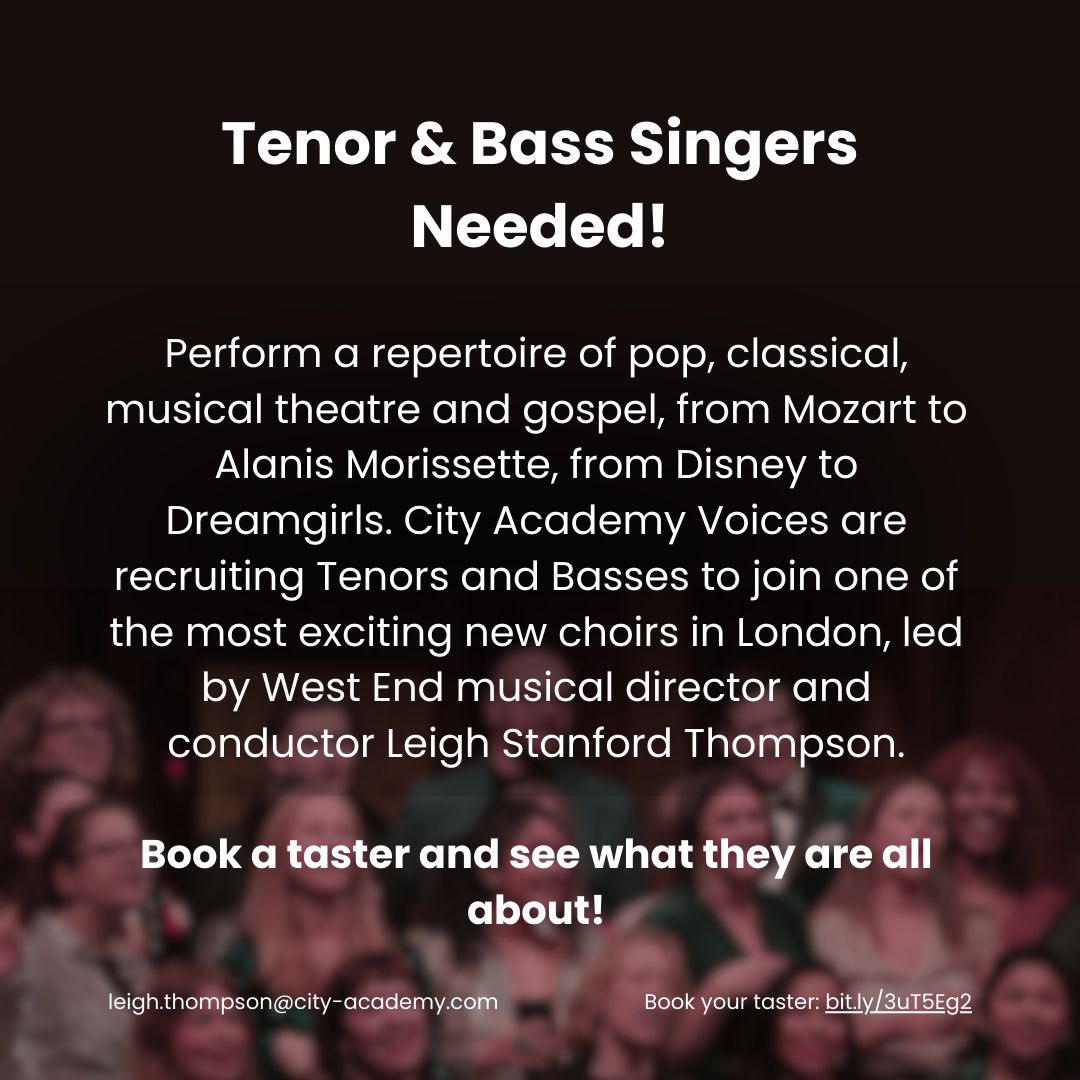 We are actively recruiting for tenors and basses to join our fun, friendly central London choir. Info on the flyer.