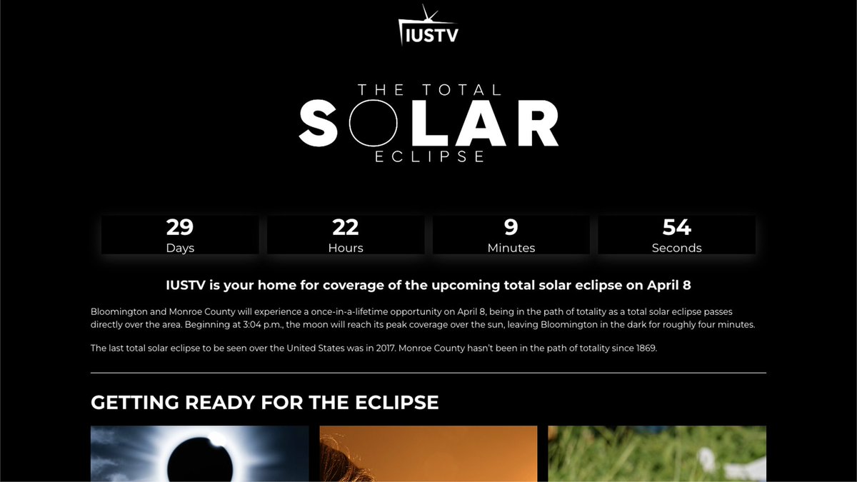 The Eclipse 2024 section of our website is now LIVE!

Be sure to check out iustv.com/eclipse in the last few weeks leading up to the eclipse for updates and stories centered around the once-in-a-lifetime event!