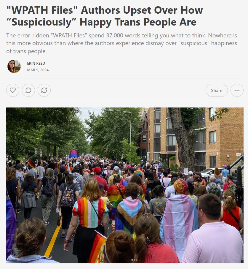1. One of the most stunning portions of the misleading and error-ridden 'WPATH Files' is a section where the authors appear upset over how 'suspiciously' happy trans people are. They twist low regret rates into being a reason to oppose trans care. Subscribe to support my work.