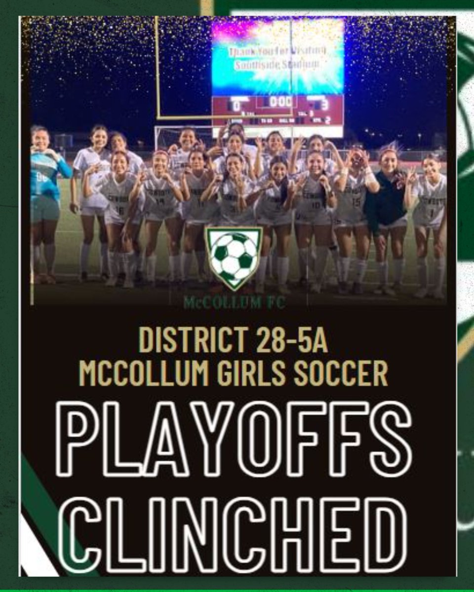 McCollum Girls Soccer clinched playoffs with two games remaining! It is the 3rd consecutive playoff appearance for McCollum. #cowboypride