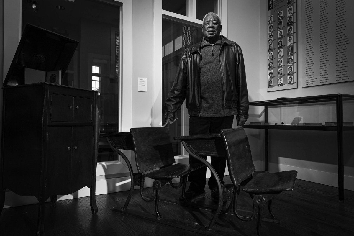 93 year old Former 107C Student JAMES “SONNY” KNOTT poses in front of vintage, furniture used when he was in school, Wednesday, March. 06, 2024; at Hockessin Colored School #107C in Hockessin, DE. #fascinating 📸 @monsterphotoiso #netde