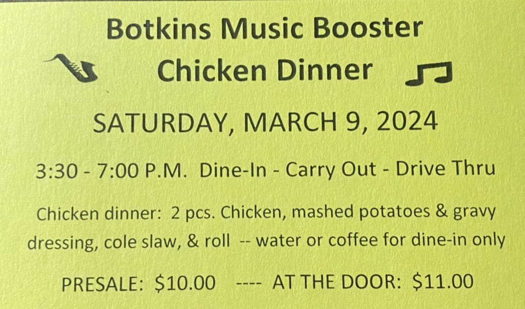 BotkinsMusic's tweet image. If you can’t smell the delicious Chicken Suppers or hear the amazing music coming from the school …. then you are not close enough!!! Stop in , or drive thru!!!  We have plenty of meals left!!!!  🎵🎼🎶💛🖤🤍