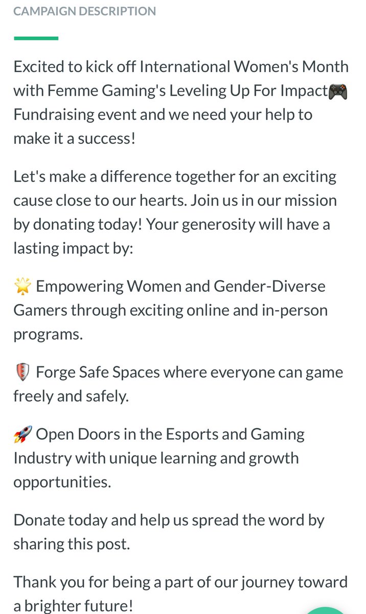 I adore the @FemmeGamingGG community and during women’s month they have a fundraising event. Screenshot of the campaign details below along with a link ❤️

pages.donately.com/femmegaming/ca…
