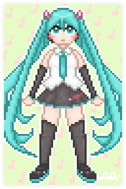 Design3DS's tweet image. It&apos;s Miku day for me still, and because I didn&apos;t have much time, I thought I&apos;d practice some larger pixel art. I never usually go above 32x32, so this was quite the challenge already, and I barely got the base pose right, so no fancy one for me.

#ミクの日 
#MikuDay 
#初音ミク