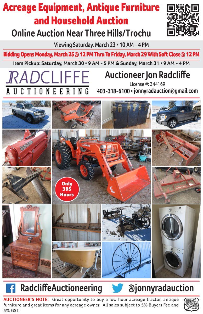 1. 🛠️🚚 Looking for quality equipment and tools? Our #AUCTION  has it all! From a Kubota tractor with only 396 hours to trucks, workbenches, and more! Bidding starts on March 25th at 12pm. See you there! #KubotaTractor #AuctionFinds #TrochuAB #ThreeHills 
radcliffeauctions.hibid.com
