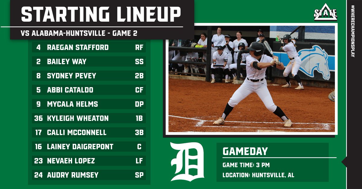 DeltaStateSB's tweet photo. 🥎 Starters for game two in Huntsville
#WhereChampionsPlay https://t.co/EKKrIZqoiB