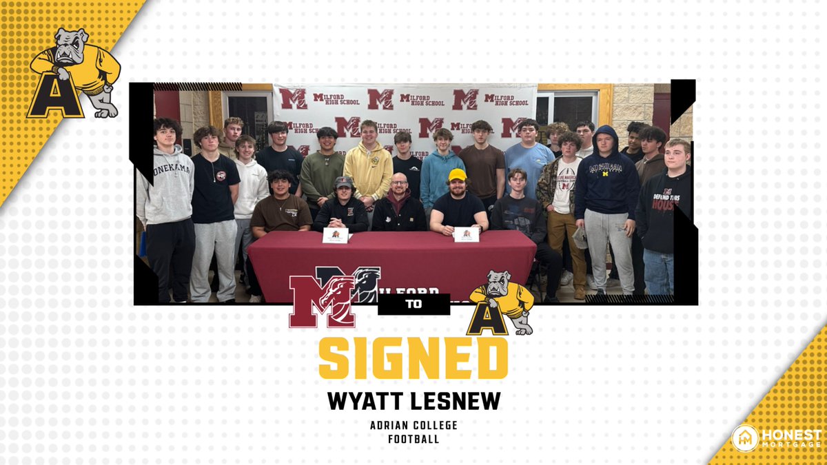 Milford Athletics (@milfordsport) on Twitter photo FOOTBALL | Wyatt Lesnew is excited to continue his football career as he is headed to Adrian College! #GoMavs <a href="/LakesVC/">Lakes Valley Conf.</a> <a href="/BruceMaverick/">Milford High School</a> <a href="/MavPack14/">Milford MavPack</a> @HTLSports @MiPrepzone FOOTBALL | Wyatt Lesnew is excited to continue his football career as he is headed to Adrian College! #GoMavs <a href="/LakesVC/">Lakes Valley Conf.</a> <a href="/BruceMaverick/">Milford High School</a> <a href="/MavPack14/">Milford MavPack</a> @HTLSports @MiPrepzone