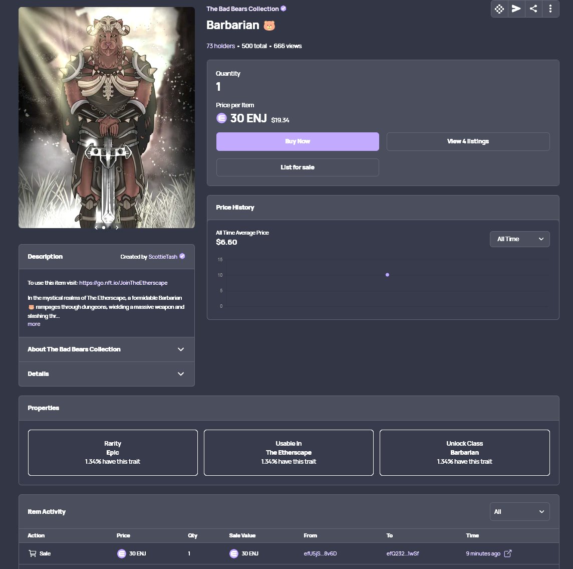 COptimiztic's tweet image. Buyers beware! This collection is not yet sold out on @nft_io. There is a bug with viewing the lowest priced listing. Someone just bought one for 30 #ENJ and there&apos;s still some left for only 10. Check the other listings for the lower buy option before buying the flip. #Etherscape