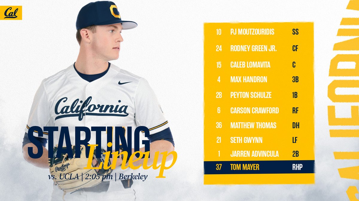 CalBaseball's tweet photo. We are about 30 minutes from first pitch. 

Here is today's lineup. 

Follow today's action here ⬇
💻 » https://t.co/N31xil4swm
📊 » https://t.co/sNyyy6yLfI

#GoBears https://t.co/AWhrnZFCdz
